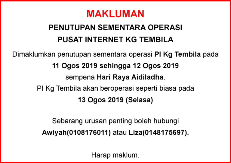 Notis Makluman Penutupan PI Aidiladha