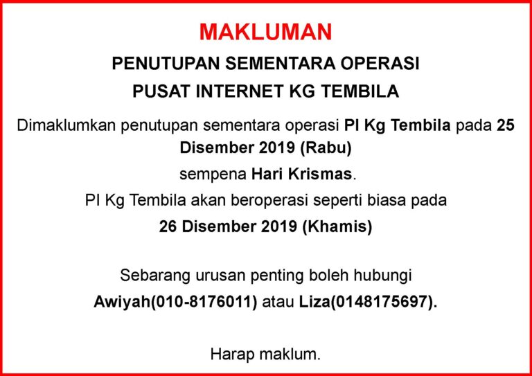 Notis Makluman Penutupan PI Sempena Krismas