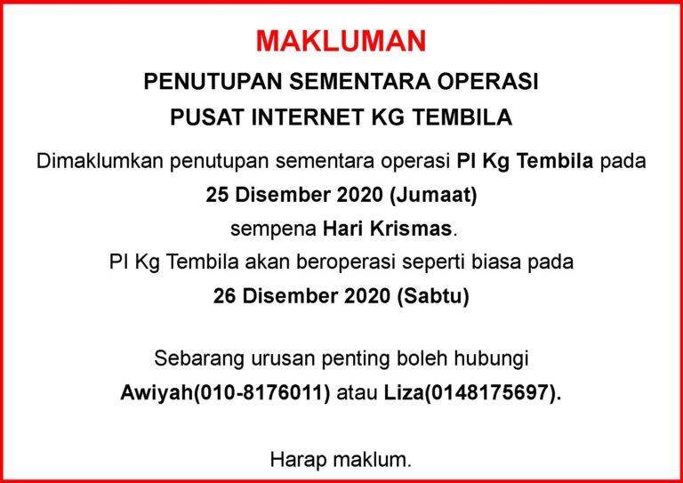 Notis Makluman Penutupan PI Hari Krismas 2020